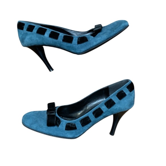 Massimo Baldi Unique Teal Suede Heels w Black Velvet Ribbon Woven - Picture 1 of 6